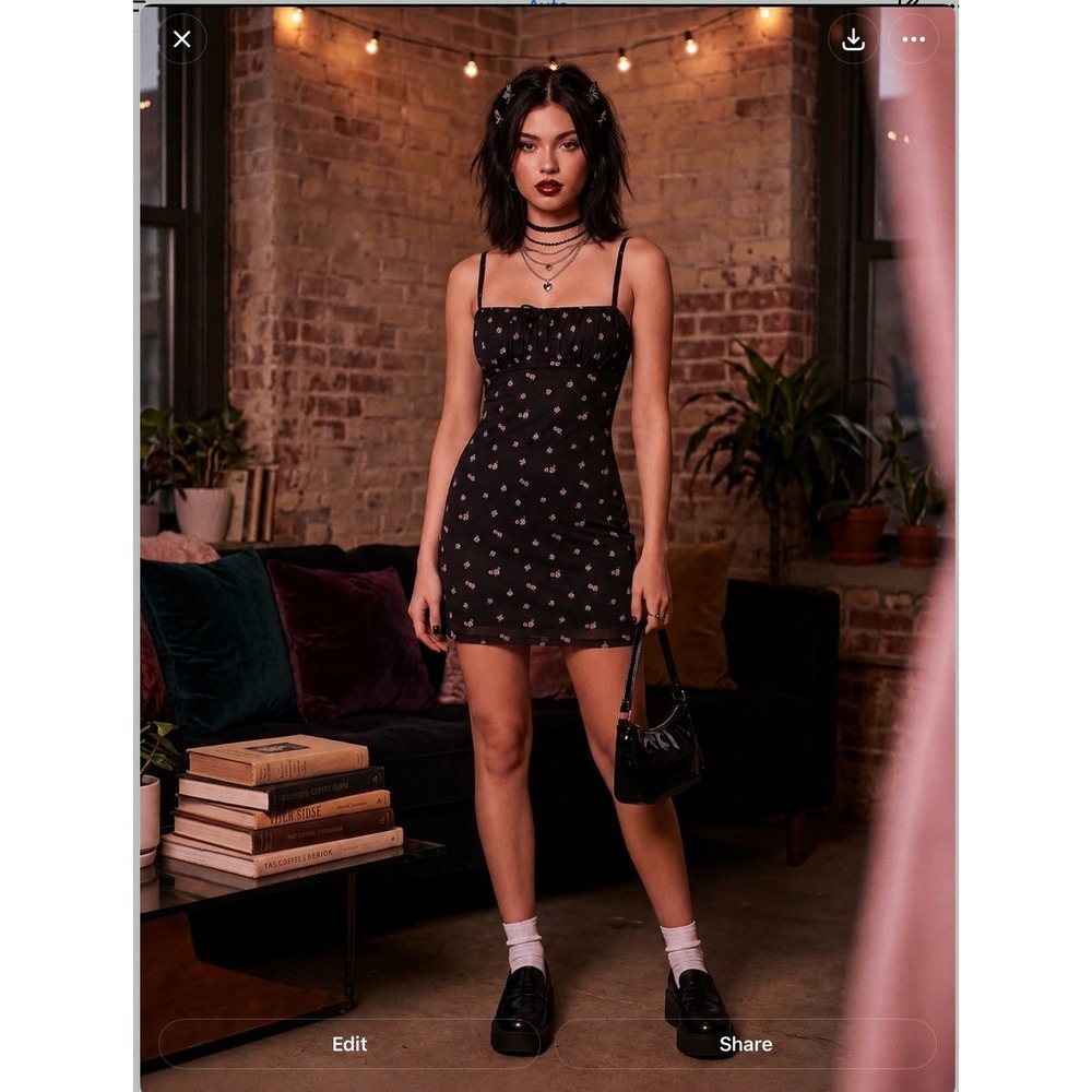 Black Floral Mesh Milkmaid‎ Mini Dress S Y2K Fairy Grunge Whimsigoth Coquette